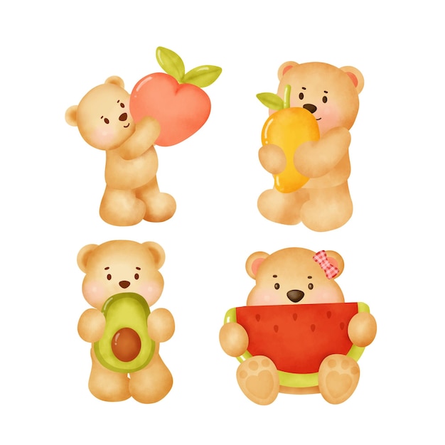 Cute teddy bear set in watercolor style