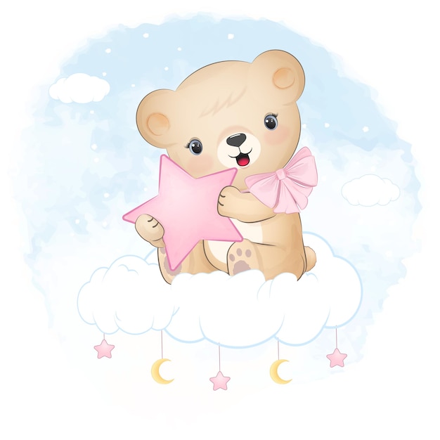 Cute teddy bear sitting on the cloud blue watercolor illustration