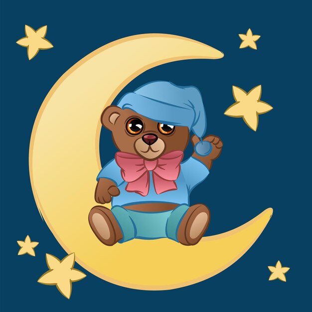 Vector cute teddy bear sitting on the moon against starry sky background illustration for kids