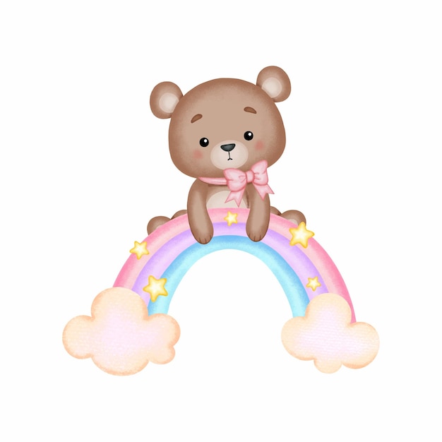 Cute teddy bear sitting on the rainbow nursery baby