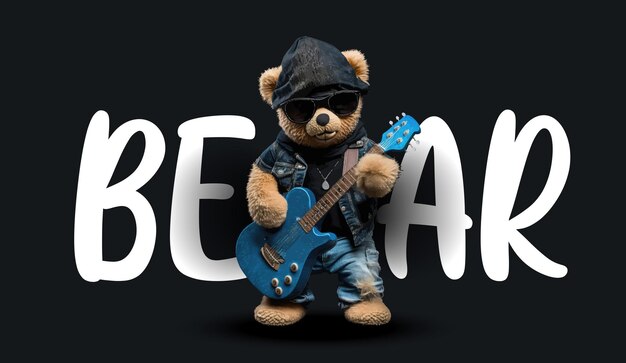 Cute teddy bear in sunglasses plays the guitar Funny charming illustration of a teddy bear on a black background Print for your clothes or postcards Vector illustration