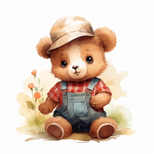 Cute teddy bear wearing as farmer watercolor paint