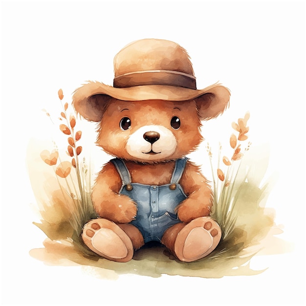 Cute teddy bear wearing as farmer watercolor paint