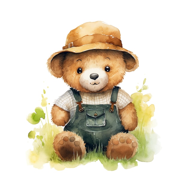 Cute teddy bear wearing as farmer watercolor paint