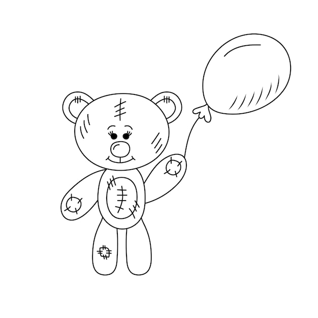 Cute teddy bear with balloon in doodle style Plush toy Hand drawn line art for coloring book