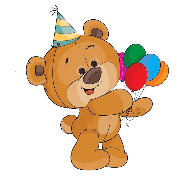 Vector cute teddy bear with balloons birthday card template