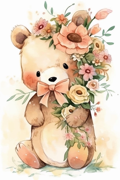 Vector a cute teddy bear with a bouquet of flowers.