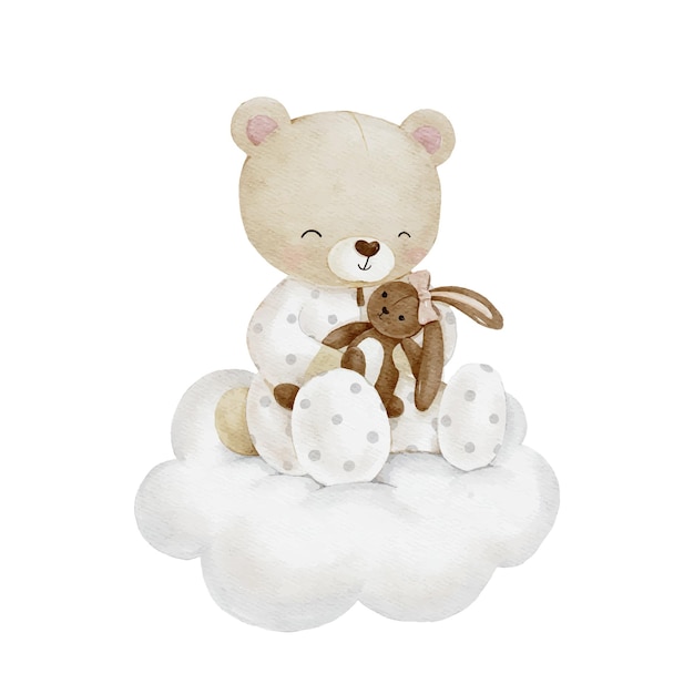 A cute teddy bear with a brown bunny sitting on a cloud