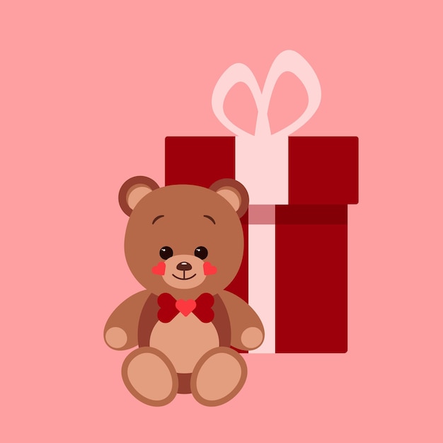 Vector cute teddy bear with gift box greeting card vector illustration