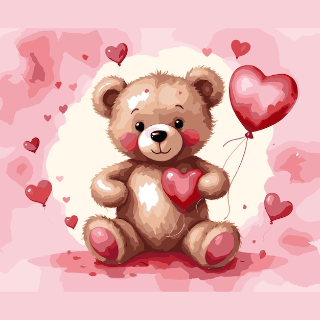 Vector cute teddy bear with heart in hand watercolor