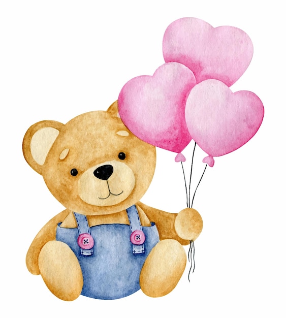 Cute teddy bear with heart shaped balloons watercolor valentines day illustration