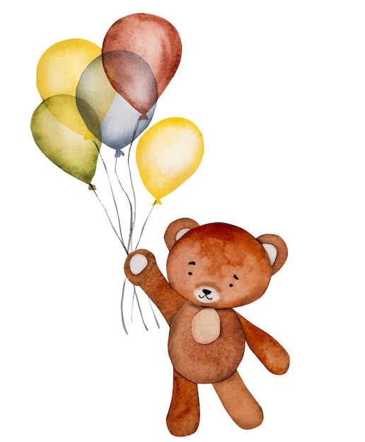 Vector cute teddy bear with orange air balloon watercolor painting for baby child postcard cartoon animal