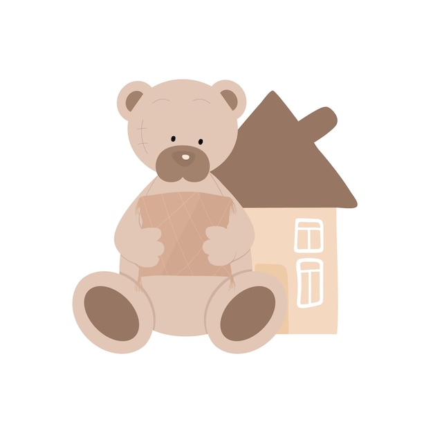 Vector cute teddy bear with a pillow in its paws near the house