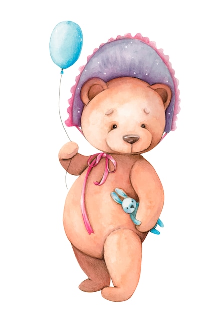 Cute teddy bear with a toy in his hands. Children's illustration