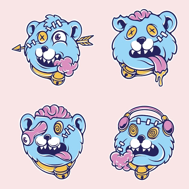 cute teddy bear zombie vector set