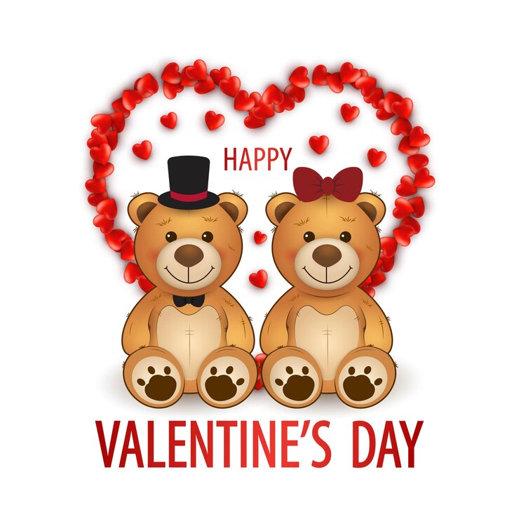 Cute teddy bears couple with hearts and hearts frame. Happy Valentine's day