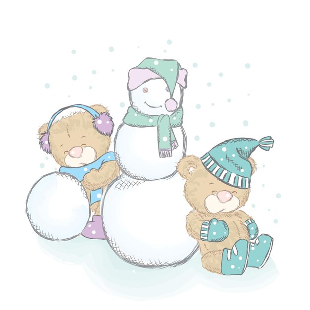 冬服と雪だるまのかわいいテディベア