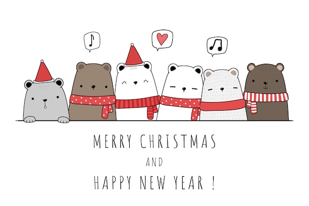 メリークリスマスと新年あけましておめでとうございますを祝うかわいいテディシロクマ家族