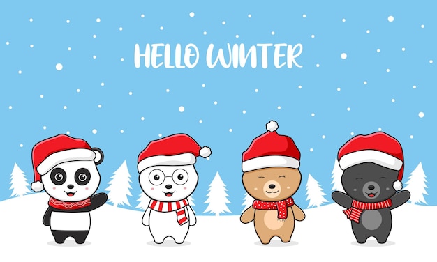 Cute teddy polar bear family greeting hello winter christmas cartoon doodle card illustration