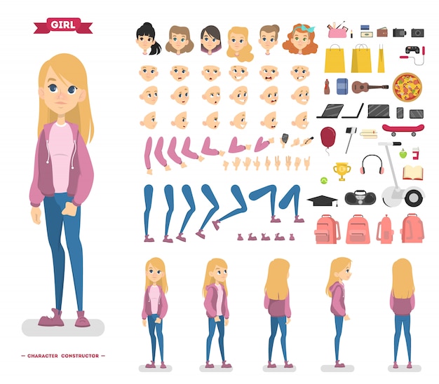 Cute teen girl character set for animation with various views