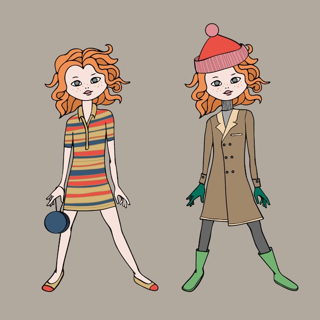 Vector cute teen girl in two fashion outfits. body template