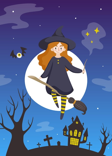 Cute teen witch flying on broom