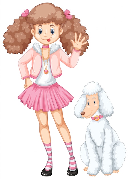 Vector cute teenage girl and poodle dog