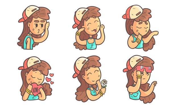 Vector cute teenage girl with different facial expressions set vector illustration