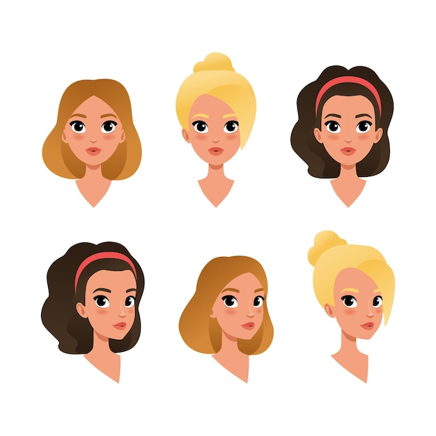 cute teenage girls heads set children characters creation constructor for animation cartoon vector illustration