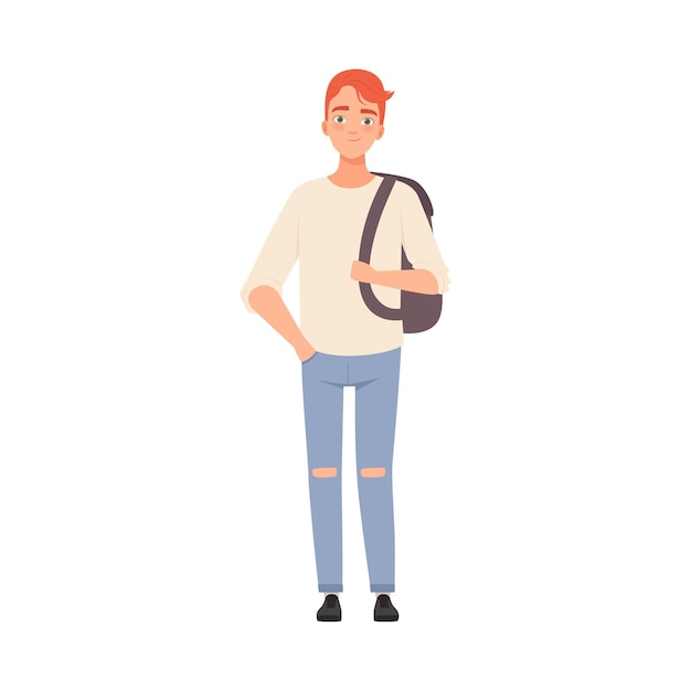 Cute teenager man with ginger hair and backpack on one sholder standing and smiling Waring casual modern citizen of big city