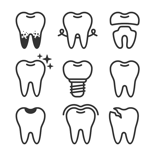 Vettore di stile della linea dei denti carino impostato con diverse condizioni dei denti