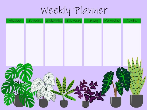 Cute template for a to do list for the week with an illustration of houseplants weekly planner organizer trendy self organization concept with graphic design elements vector illustration