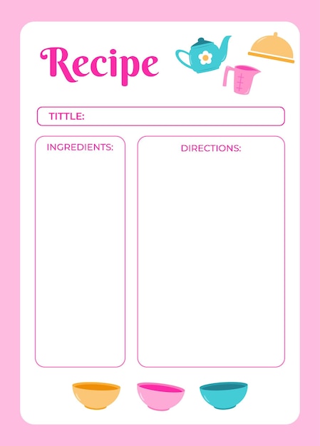 Cute Template Recipe Planner Printable With Colorful Kitchenware Vector Illustratione