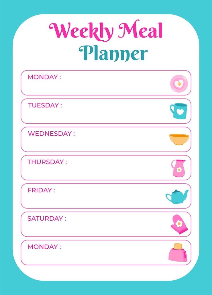 वेक्टर cute template weekly meal planner printable with colorful kitchenware vector illustration