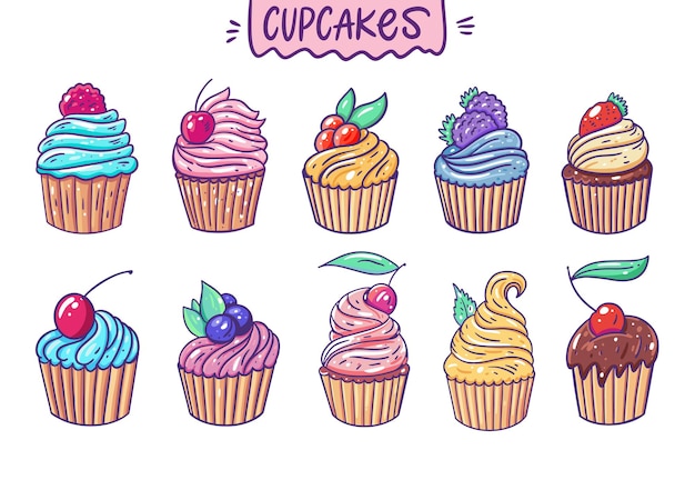 Cute ten cupcakes. cartoon style.