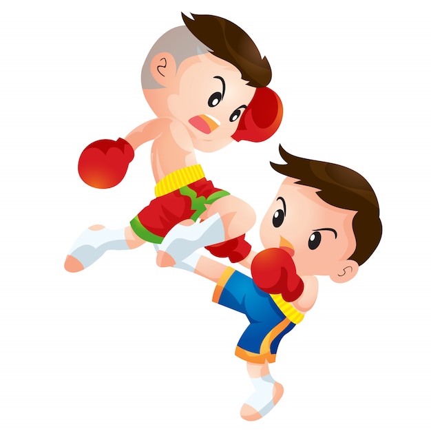 Cute Thai boxing kids fighting actions knee over strike