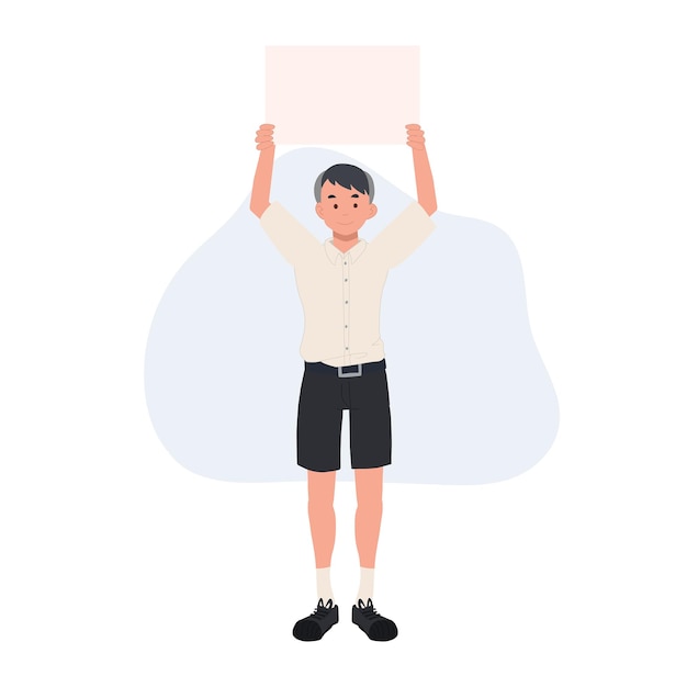 Vector cute thai student boy holding banners up above headblank sign vector illustration