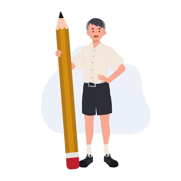 Cute Thai student boy holding big pencil Vector illustration