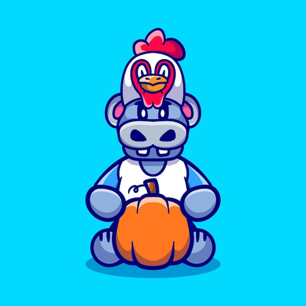 Vector cute thanksgiving hippo carrying a pumpkin and wearing a chicken hat