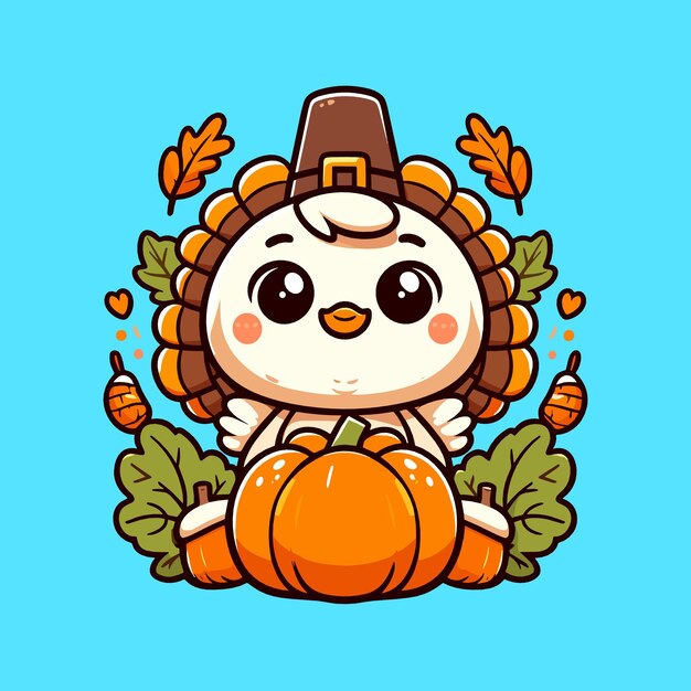 Vector cute thanksgiving owl with pumpkin and autumn leaves