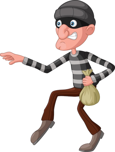 Vector cute thief cartoon carrying a bag of money