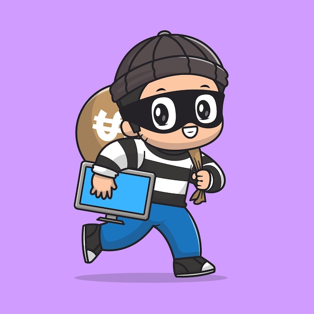 cute thief stealing computer and money cartoon vector icon illustration people business isolated