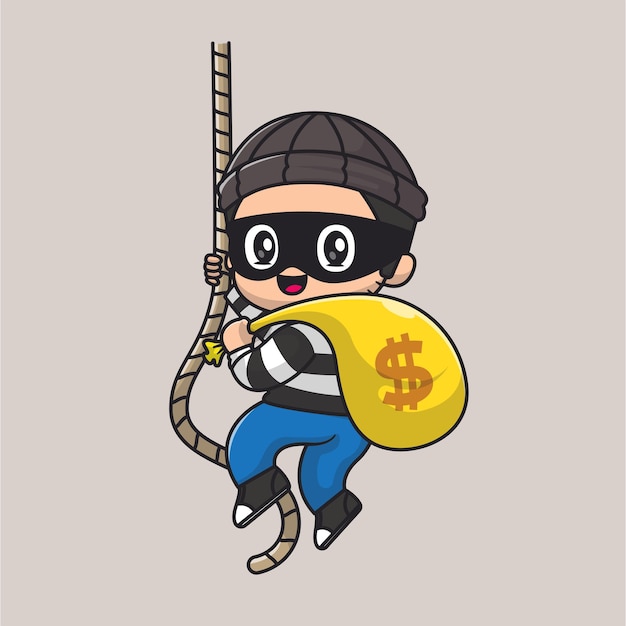 Cute thief stealing money using rope cartoon vector icon illustration people finance isolated flat