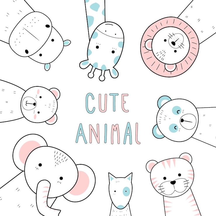 Vector cute thin line animals cartoon doodle pastel
