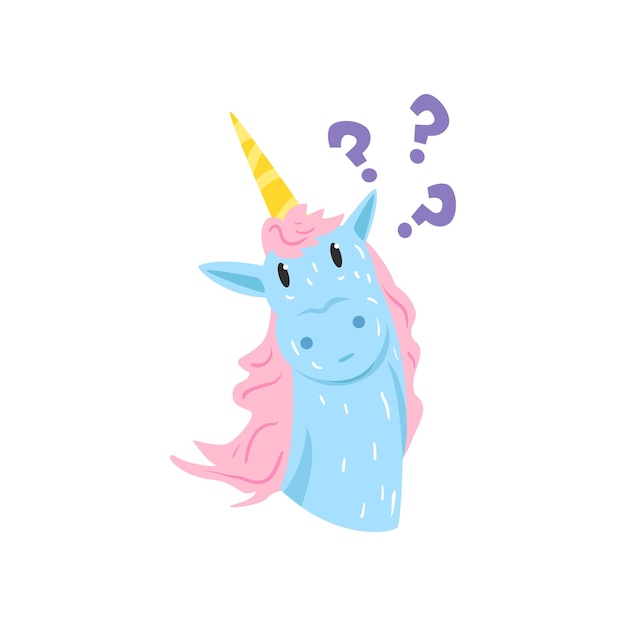 Cute thinking unicorn character, funny animal with with a question mark cartoon vector Illustration isolated on a white background.