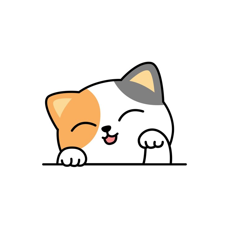 Vector cute three color cat paws up over wall cartoon, vector illustration