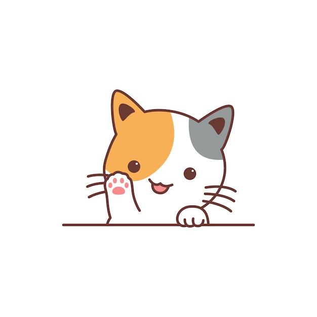 Cute three color cat waving paw cartoon