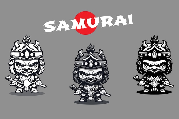 Vettore il logo dell'illustrazione di tre samurai chibi carini