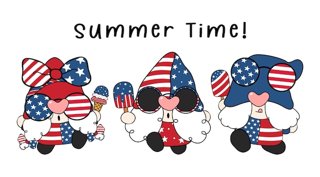 Cute three trio american hippy gnome with ice cream celebrating summer cartoon greeting card drawing