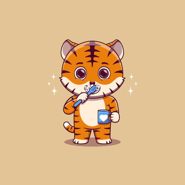 Vector cute tiger brushing teeth while holding mug